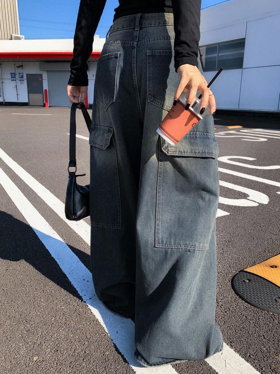 DAZY 女式口袋阔腿宽松休闲百搭牛仔裤，宽松牛仔裤 - 深灰色 - 查看 1