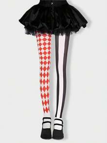 ROMWE Goth 1 chiếc quần tất/quần bó/quần legging nữ co giãn cao, họa tiết kẻ caro đen trắng, dáng bất đối xứng, gợi cảm. - Đen đỏ - Xem 3