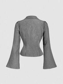 SHEIN MOD 大码女式条纹褶饰喇叭袖时尚衬衫 - 黑與白 - 查看 2