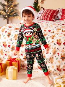 2pcs Young Boy Pixel Christmas Robot Print Long Sleeve Top And Leggings Pajama Set