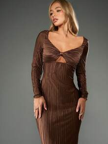 MISSGUIDED 优雅褶皱长裙，带褶皱紧身胸衣，长袖高腰晚礼服，及地长款，特殊场合秋冬派对礼服 - 棕色 - 查看 4