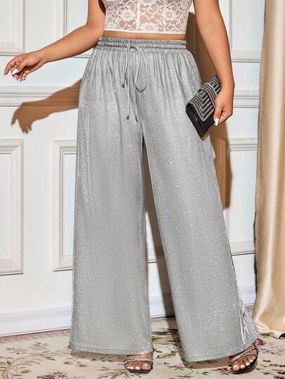 Allurite Plus Size Women High-End Draping Wide Leg Pants, Shiny Thin Straight Long Trousers, Spring/Summer