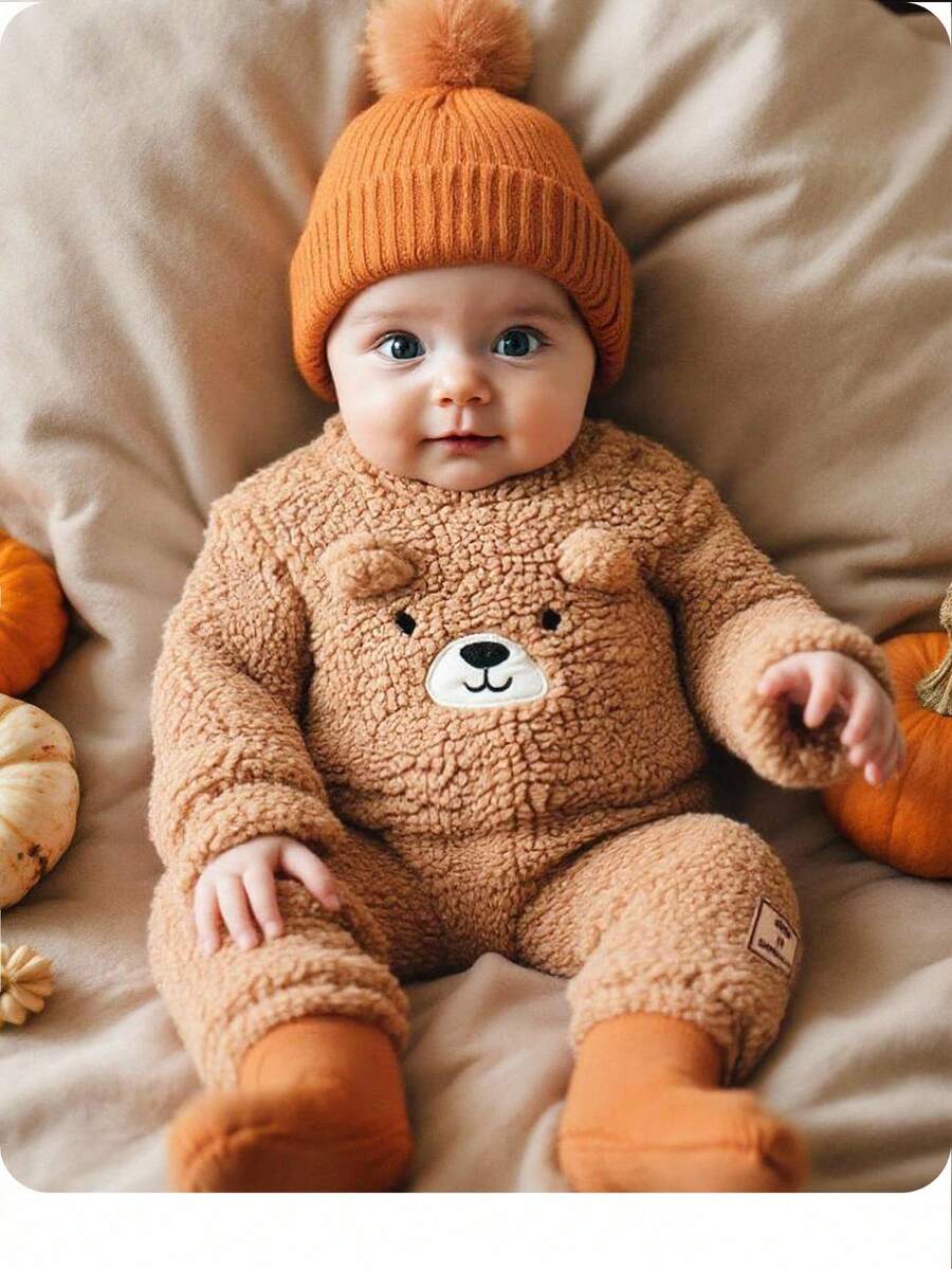 Newborn Baby Girl Cute Fluffy Cartoon Pattern Long Sleeve Sweatshirt Set, Autumn/Winter Fall - Brown - View 1