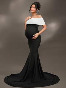 Cheriluna Maternity Váy chụp ảnh bầu cho tiệc chào đón em bé/Váy dự tiệc thanh lịch - Đen và trắng - Xem 3