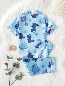 2pcs Young Boy Cute Dinosaur Print Short Sleeve Cardigan And Pants Casual Pajama Set