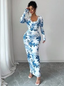 Elenzga Nouvelle robe moulante mini à col drapé, imprimé floral sexy, avec nœud à la taille. Élégante et flatteuse, convient pour les superpositions en automne/hiver - Bleu et Blanc - Voir 5