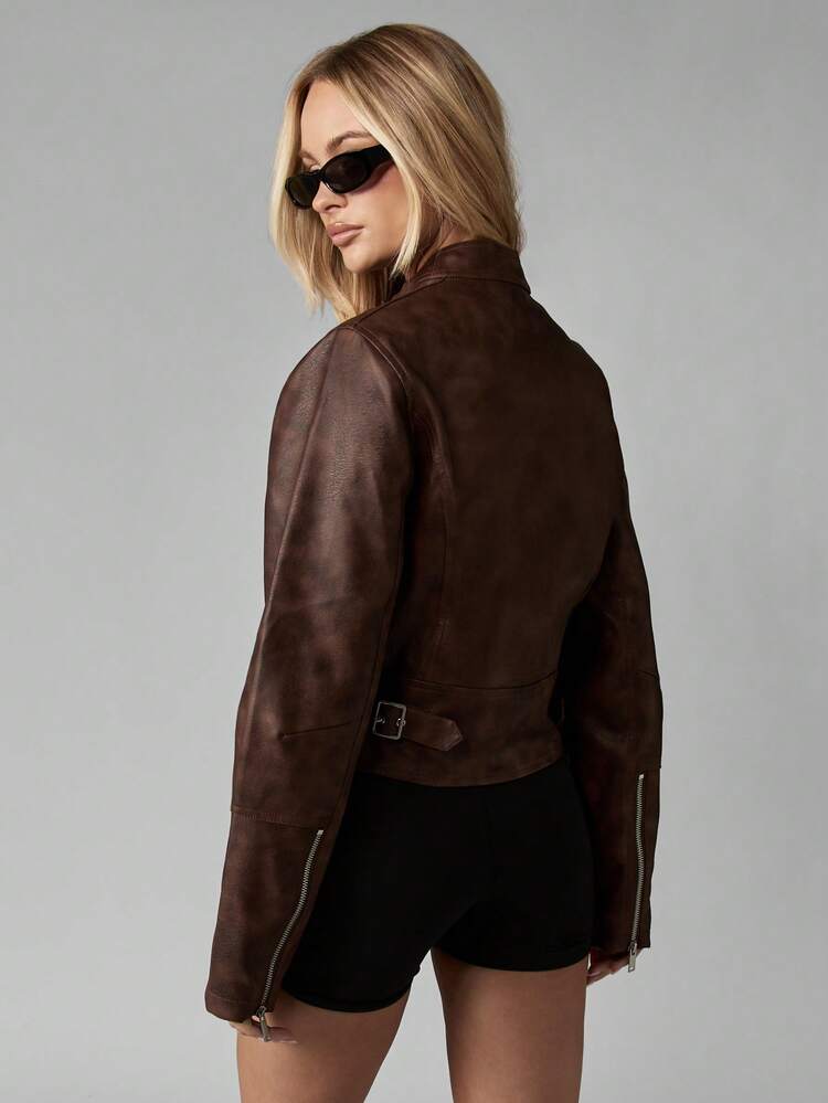 MISSGUIDED Women Brown Leather Motorcycle Jacket Classic Biker Zip Up Fall Winter Cropped Fashion Moto Coat Vintage Style Rock Punk Streetwear