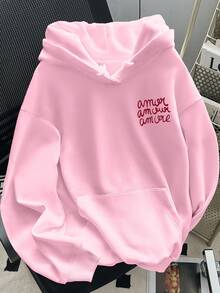 INAWLY Women's Casual Letter Print Drop Shoulder Sweatshirt, Autumn/Winter, Christmas - Pink - View 2