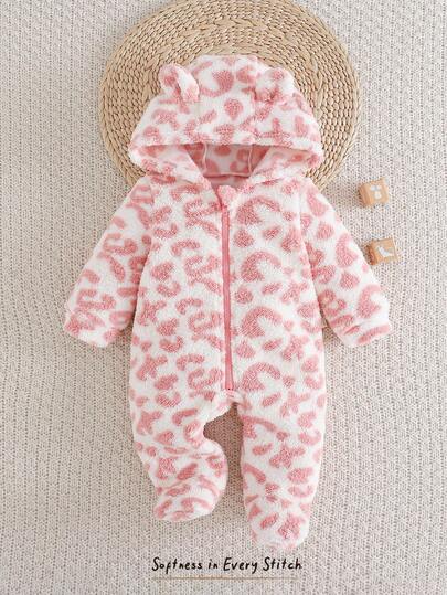 Cozy Pixies 新生女婴柔软针织豹纹连脚连体衣，长袖保暖连体衣