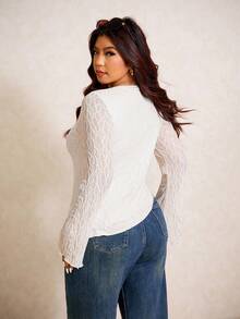 Elaquor Women Plus Size Asymmetric Hem Solid Color Long Sleeve T-Shirt, Minimalist Spring - White - View 2