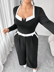 Elenzga Bộ đồ thanh lịch áo dài tay màu tương phản và quần ống rộng xếp ly cho nữ cỡ lớn - Đen và trắng - Xem 4