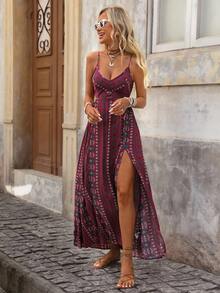 Brillora 夏季乡村节日服装度假风格几何印花镂空腰细肩带女式连衣裙，夏季连衣裙，音乐节乡村连衣裙 - 紅色 - 查看 4