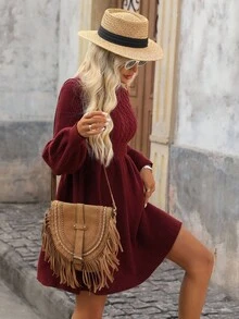 Brillora 女士休闲度假宽松圆领厚针织连衣裙，腰部收紧，喇叭下摆和袖口，秋冬 - 酒紅色 - 查看 8