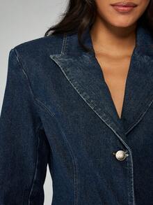 MISSGUIDED Cotton Denim Blazer Jacket Double Button Tailored Fitted Classic Vintage Retro High Fashion Office Business Professional Fall Winter Collection - Dark Wash - View 4