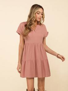 Vestido de muñeca de bebé de manga corta y ala de murciélago con volantes, escote de pico con muescas y unicolor para mujer en verano - Rosa vieja - Ver 5