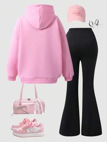 Sparklyn 2pcs/Set Teenage Girls Cartoon Sweatshirt Top Paired With Flared Casual Pants, Cute & Fashionable Versatile Style, Suitable For Autumn Fall Winter - Pink - View 2