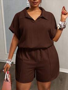 Veslaya 秋冬新品，女士秋冬服装，万圣节，音乐节，复活节，西部风，游牧风，生日派对，毕业典礼，学生装，日常休闲，度假，邮轮旅行，海滩，日光浴，时尚，女士加大码黄色罗纹Polo领宽松短袖短裤套装，棕色两件套，加大码医用两件套亚麻套装，女士巧克力棕色上衣，女士棕色衬衫 - 棕色 - 查看 12