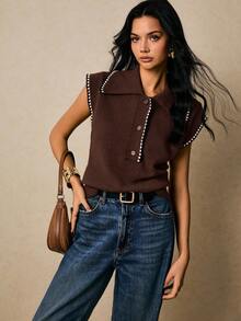 Poéselle 女士休闲宽松针织 Polo 领背心，秋冬 - 棕色 - 查看 4