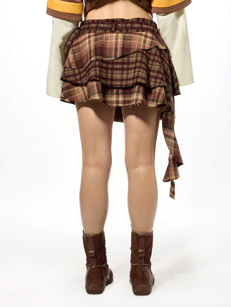 SUMWON Asymmetric Layered Plaid Mini Skirt With Belt Brown Fall Winter Grunge Y2K Festival Tiered Raw Hem Gothic Punk Fashion Streetwear