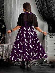 Whyspr 2 pièces/set Robe camisole élégante gothique avec imprimé chauve-souris et étole en mousseline, tenue de cosplay pour fête d'Halloween - Prune - Voir 2