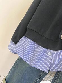 INAWLY 女式休闲条纹拼布标语刺绣运动衫，秋季 - 深灰色 - 查看 6