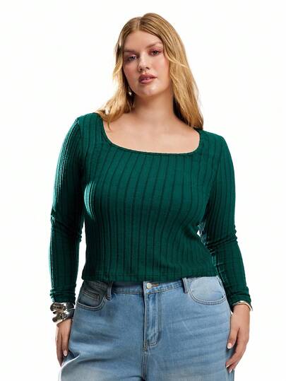 Solavibe Camiseta de manga larga con cuello cuadrado de punto elástico para mujer talla grande, cómoda para usar de forma casual, en el hogar, yoga y al aire libre