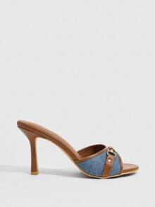 CUCCOO SZL Women's Retro Vintage Style Round Toe Mule High Heel Sandals, Blue & Brown Color Combination, Fashionable & Comfortable