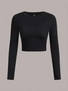 SHEIN EZwear 3 件套休闲简约图案圆领长袖短款修身女式 T 恤，适合秋冬季 - 彩色 - 查看 5