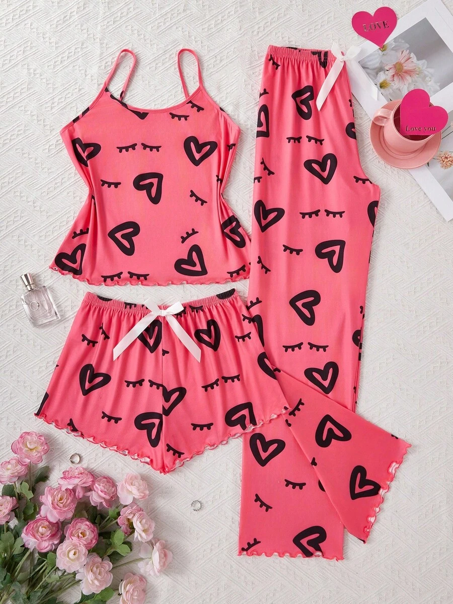 Dream Adore 3件套可爱睫毛和心形印花女士睡衣套装 - 粉色 - 查看 1