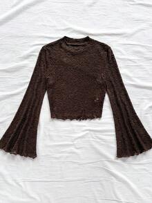 Soleia 女士休闲度假西部海滩婚礼宾客着装返校毕业早午餐，优雅波西米亚热带钩编纹理荷叶边领喇叭袖T恤，适合圣帕特里克节、春假、复活节、音乐节等场合，棕色上衣，秋季 - 咖啡棕 - 查看 4