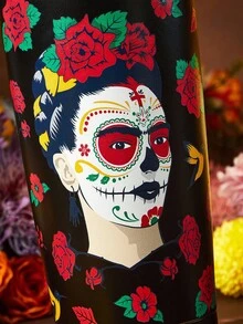 Frida Kahlo X SHEIN 20 盎司/600 毫升印花不锈钢平底保温杯（带杯盖） - 黑色 - 查看 7