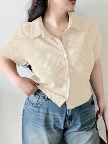 Dazy Plus Plus Size dopasowana koszulka polo z krótkim rękawem, teksturowana tkanina, wiosenno-letnia odzież damska, krótkie topy damskie - Morela - Zobacz 1