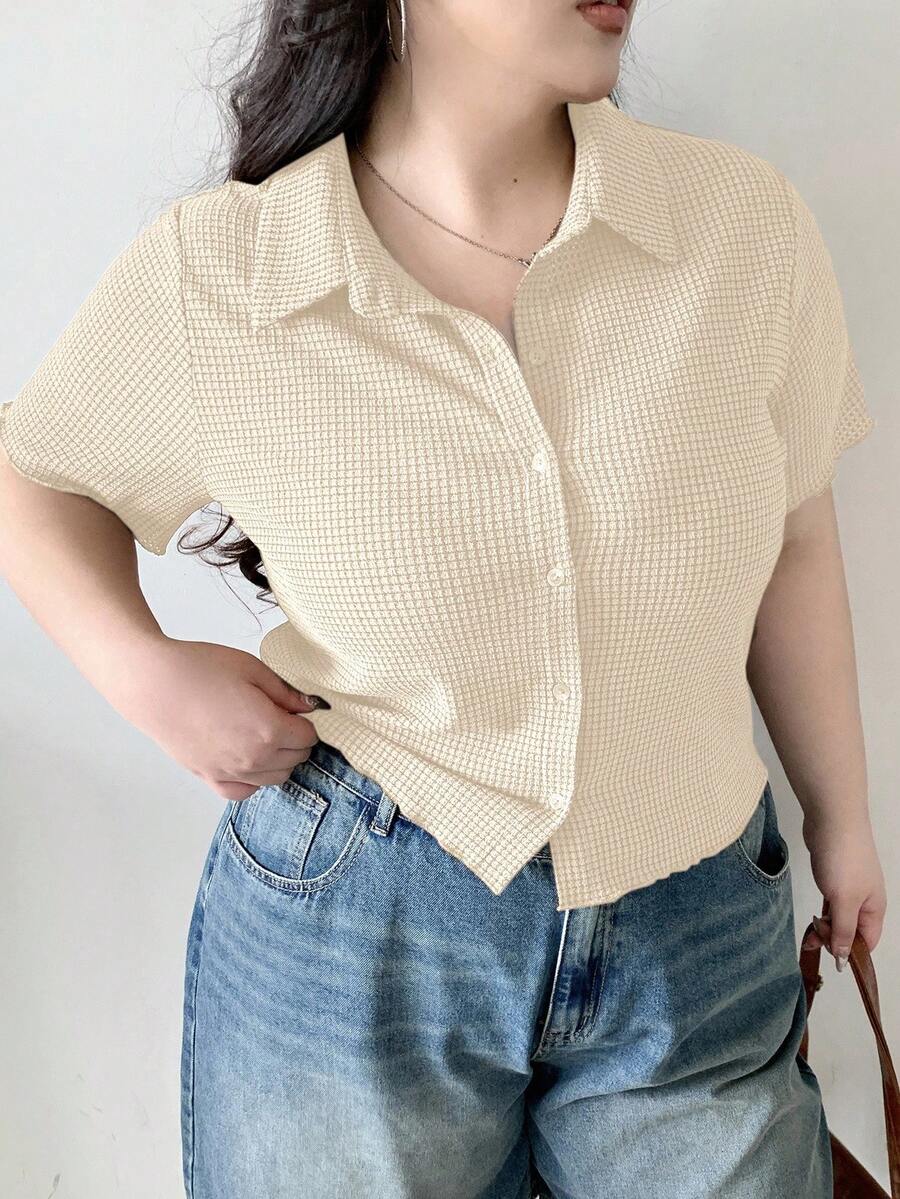 Dazy Plus Plus Size dopasowana koszulka polo z krótkim rękawem, teksturowana tkanina, wiosenno-letnia odzież damska, krótkie topy damskie - Morela - Zobacz 1