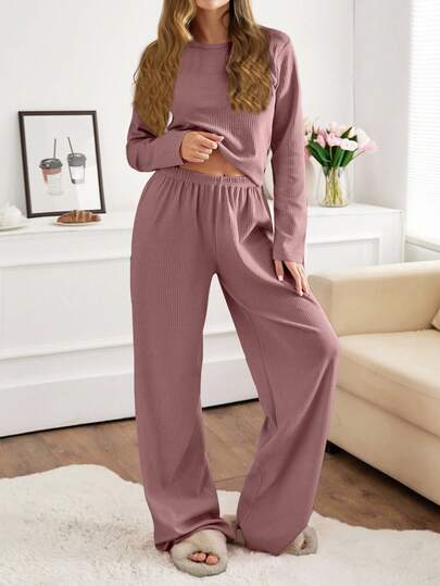 Conjunto feminino de 2 peças de malha canelada com gola redonda e manga comprida, blusa e calça, roupa de casa, conforto, lounge