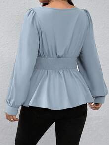 EMERY ROSE Plus Size Square Collar Ruffled Hem Peplum Top,Dusty Blue Elegant Lantern Long Sleeve Blouse For Women,Autumn Dinner Casual Solid Color Curvy Shirt - Baby Blue - View 2