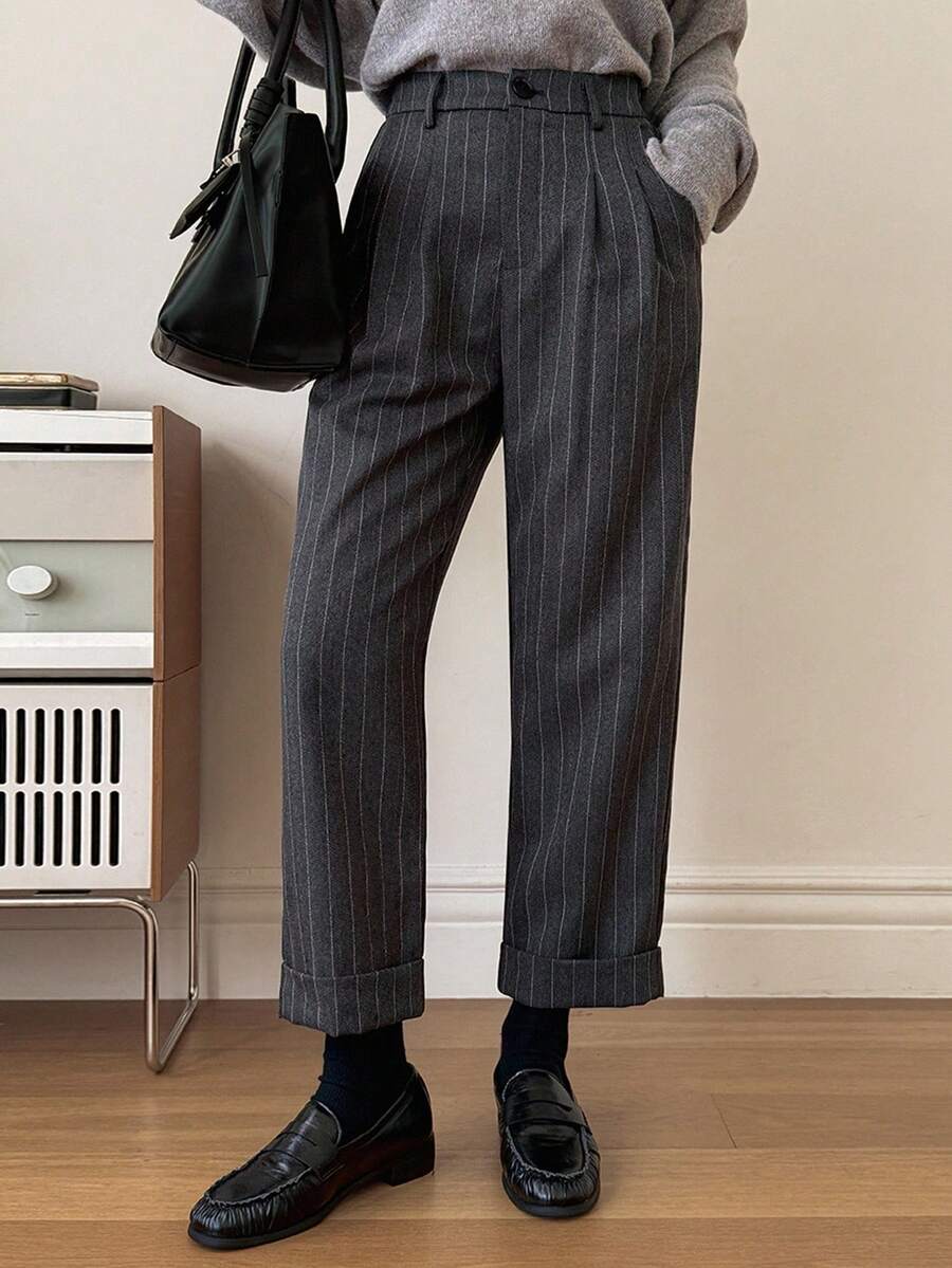 DAZY 商务休闲通勤常规条纹裤秋季 - 灰色 - 查看 1