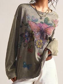 Bohemela 大码女式蝴蝶印花圆领落肩长袖休闲宽松T恤 - 灰色 - 查看 7