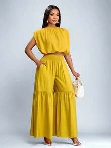 SOLERSUN Elegant Elastic Waist Yellow Slant Pockets Pleated Large Hem Extra Long Wide Leg Pants Fall Cloth For Women - Mustard Yellow - View 7