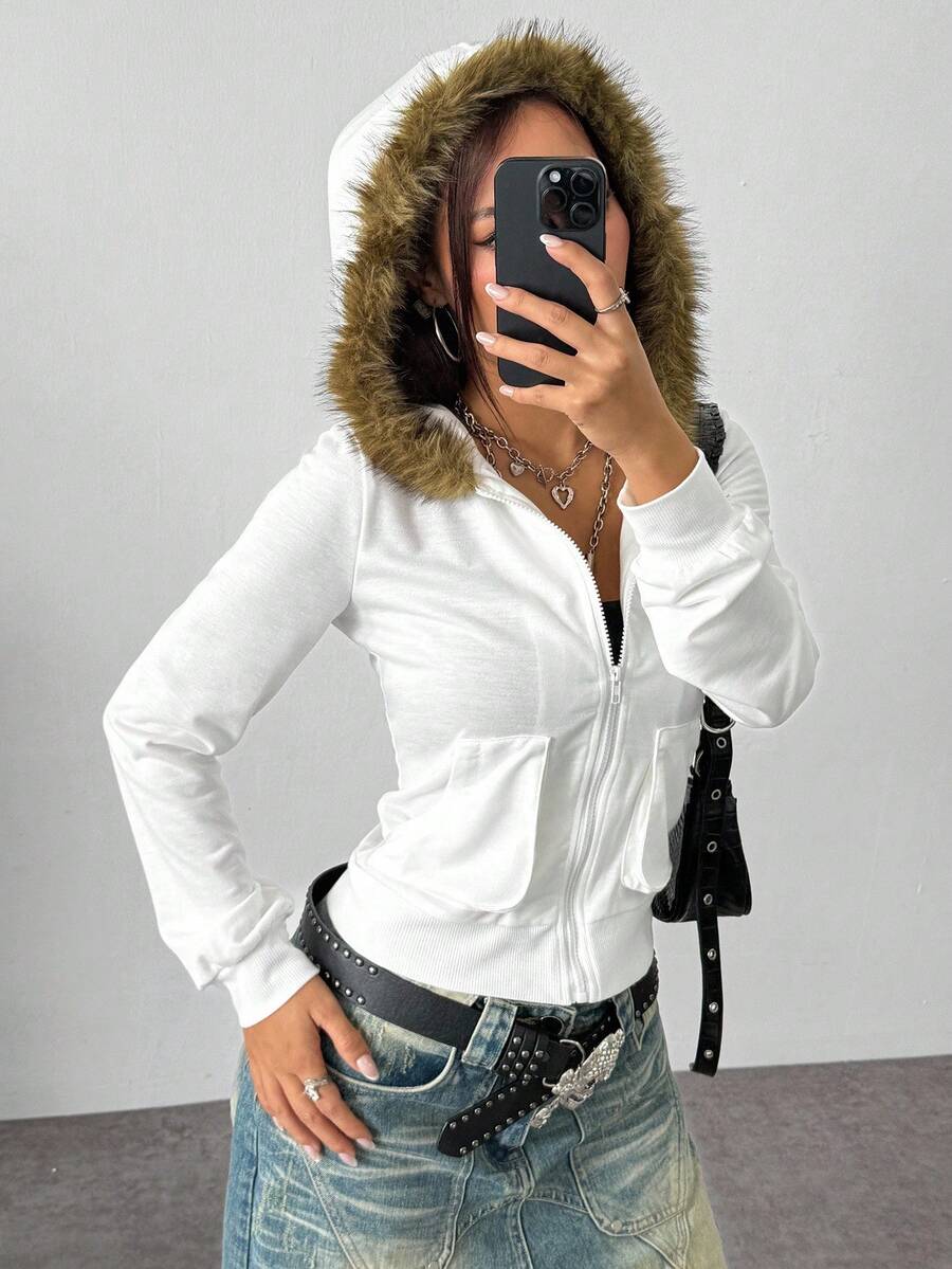 Jeanoix Áo khoác nỉ có mũ trùm đầu dành cho nữ, Áo khoác dáng ôm cổ điển gợi cảm - trắng - Xem 1