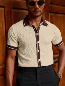 Manfinity Homme 休闲宽松简约撞色短袖男士针织上衣 - 杏色 - 查看 1