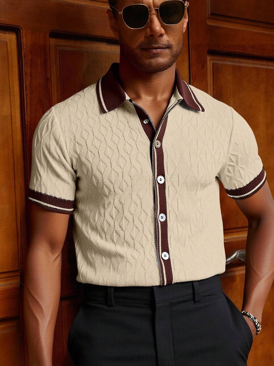 Manfinity Homme 休闲宽松简约撞色短袖男士针织上衣 - 杏色 - 查看 1