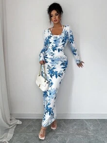Elenzga Nouvelle robe moulante mini à col drapé, imprimé floral sexy, avec nœud à la taille. Élégante et flatteuse, convient pour les superpositions en automne/hiver - Bleu et Blanc - Voir 6