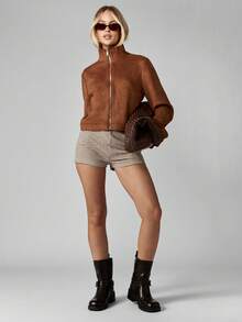 MISSGUIDED 仿麂皮短款飞行员夹克立领全拉链秋冬时尚短款外套带侧袋 - 棕色 - 查看 4