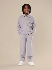 SUMWON Textured Ribbed Relaxed Fit Button Down Shirt And Pants Set With Front Pocket Everyday Casual Wear Outfit For Fall Winter - Light Wash - View 1