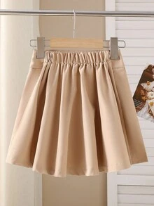 Sparklyn 女孩优雅时尚休闲运动百搭褶皱迷你裙，适合上学、度假、旅行、四季 - 卡其色 - 查看 2