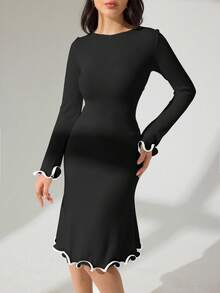 Modelyn Gaun Bodycon Lengan Panjang Rajut Bergaris Seksi Musim Gugur/Dingin Gaun Hitam Gaun Lengan Panjang Hitam Gaun Bergaris Gaun Elastis Tinggi Gaun Ramping - Hitam - View 4