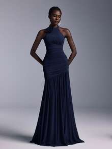 Elitara Elegant Halter Neck 3D Floral Bust Ruched Mesh Sheer Fishtail Bridesmaid Dress - Navy Blue - View 4