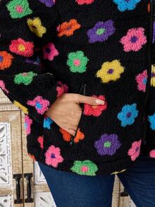 EMERY ROSE Plus Size Women  Casual Solid Color Zip-Up Floral Fleece Warm Coat With Pockets, , Going Out,  New , Simple And Fashionable For Everyday Wear,  For Women , New Year,Spring - Multicolor - View 7