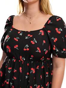 Solavibe Plus Size Women's Square Neck Short Sleeve Cherry Print Playsuit, Spring/Summer - Multicolor - View 5