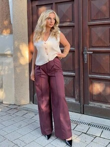 Jeta Ari Colete de malha casual com decote em V e abotoamento simples feminino de cor sólida - Bege - Ver 6